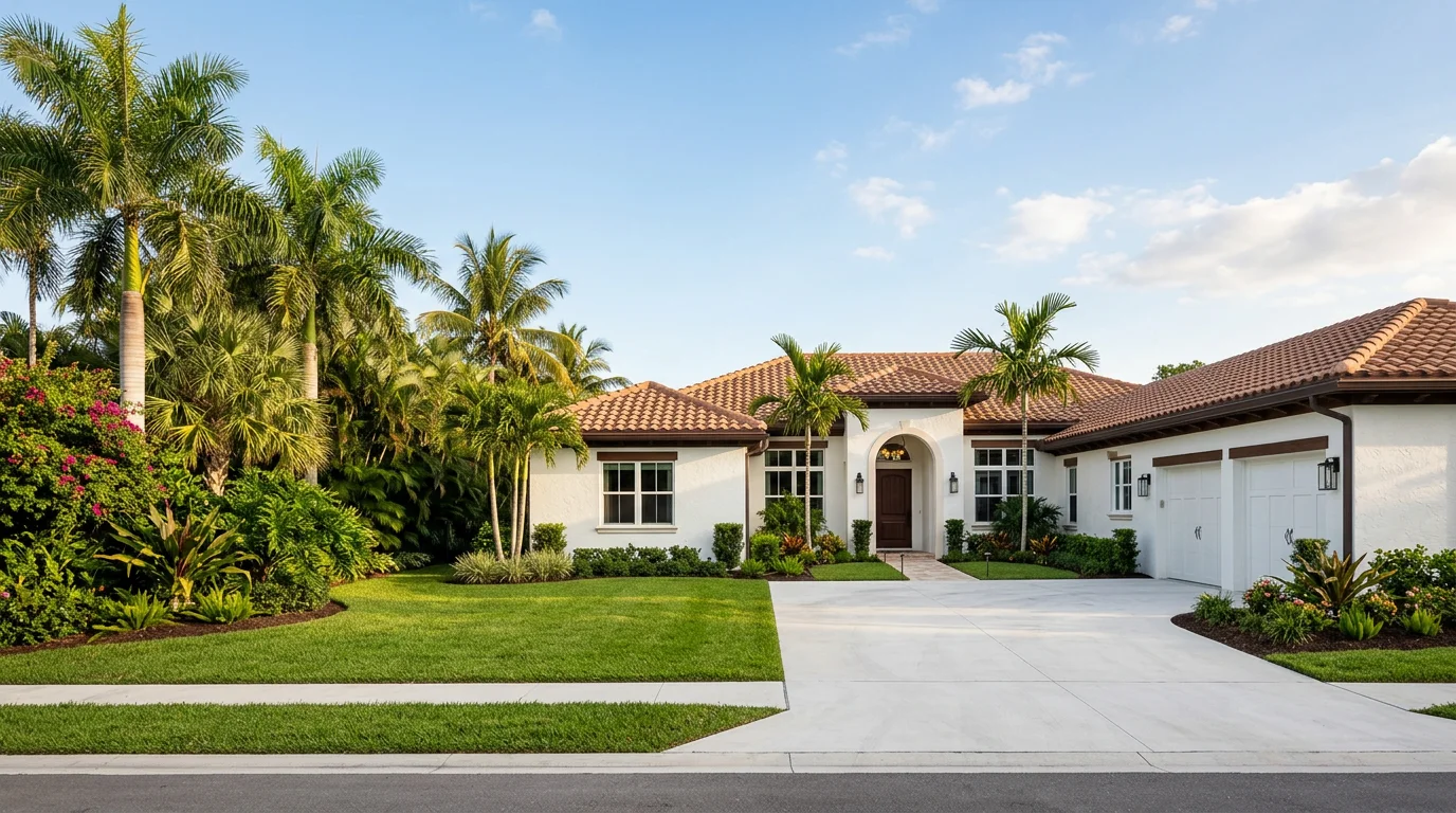 A welcoming South Florida home with palm trees and a well-maintained driveway